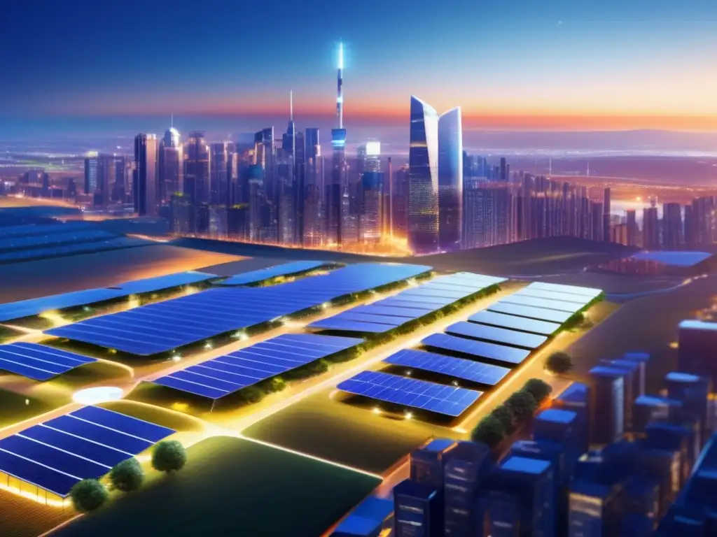 Ciudad vibrante con paneles solares Ciudad vibrante y sostenible con energía renovable - Beneficios de subastas de energía renovable