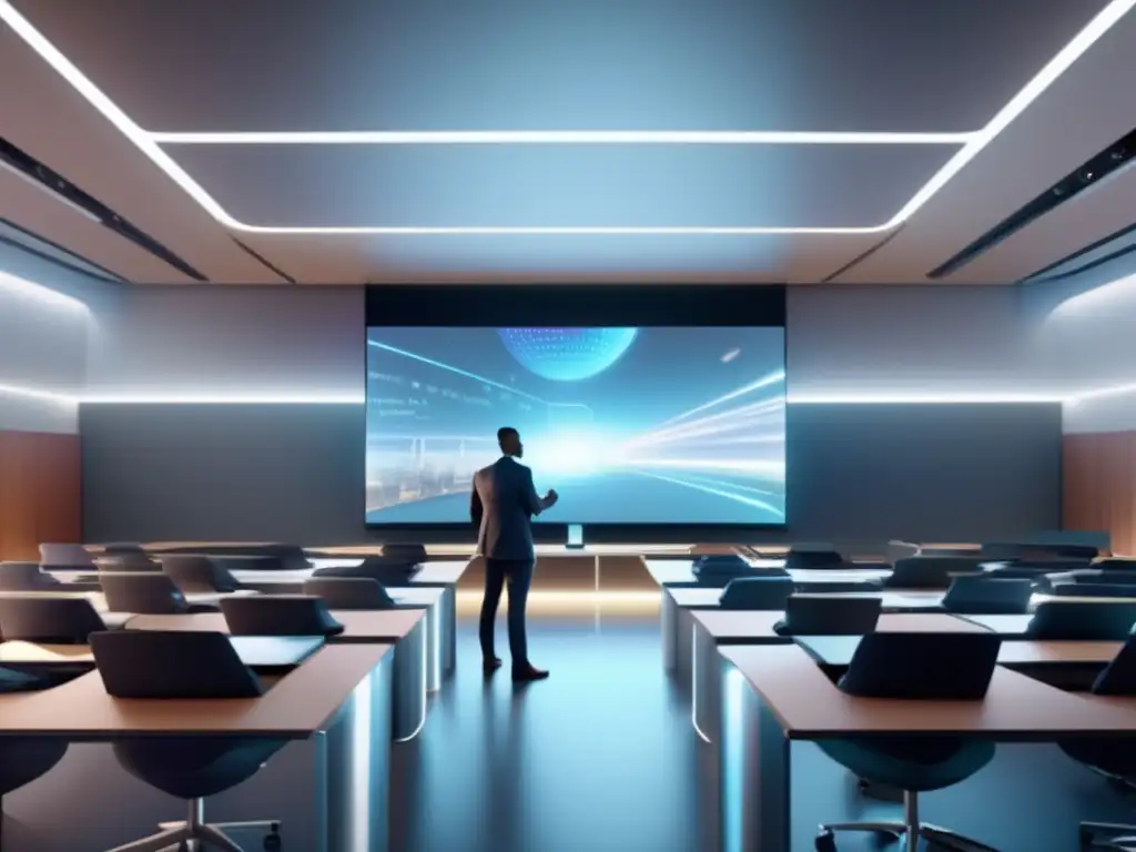 Futuro aula tecnológica con hologramas y pantallas interactivas Clase futurista de criptomonedas, tecnología y participación activa
