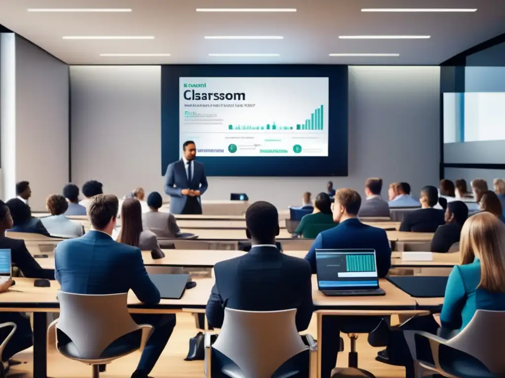 Aula moderna con estudiantes atentos y experto en Wall Street hablando Clase de inversión financiera con experto de Wall Street y alumnos entusiastas