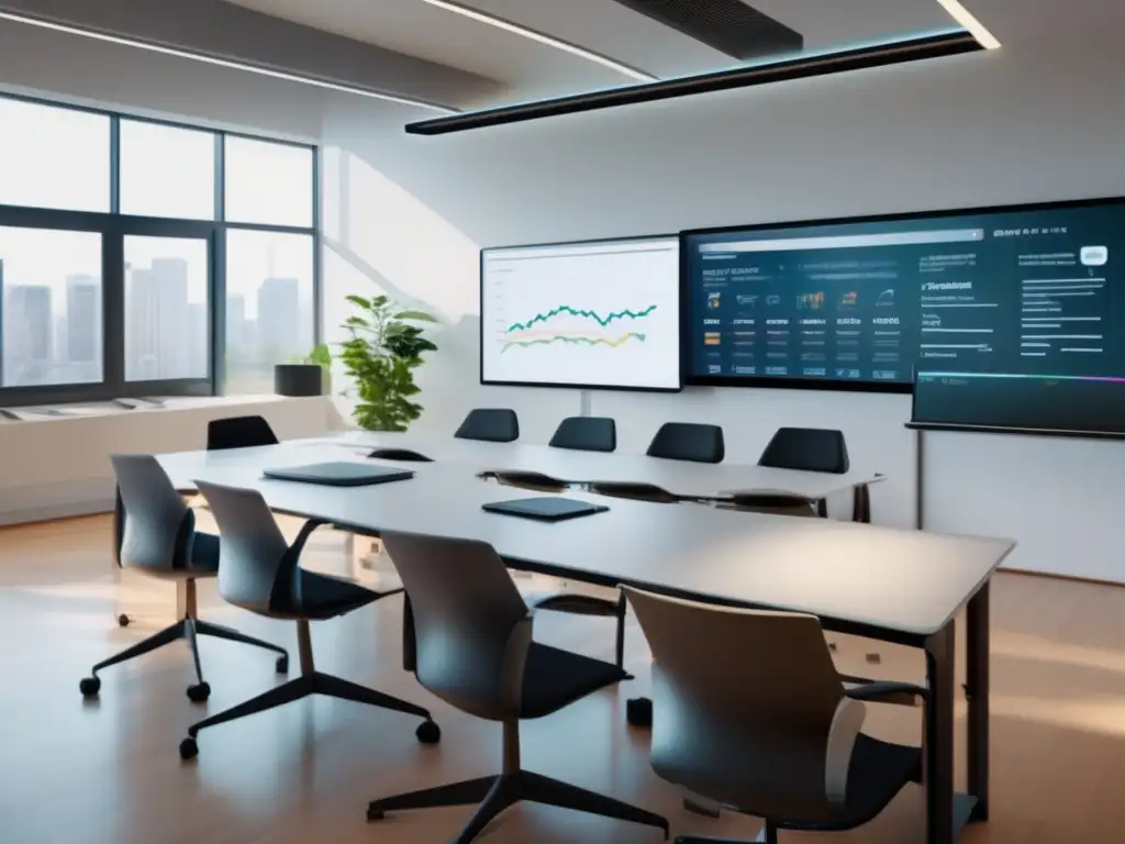 Escena de aula moderna 8k con estudiantes y pizarra interactiva Clase de inversión financiera con tecnología avanzada y estudiantes profesionales en un entorno moderno