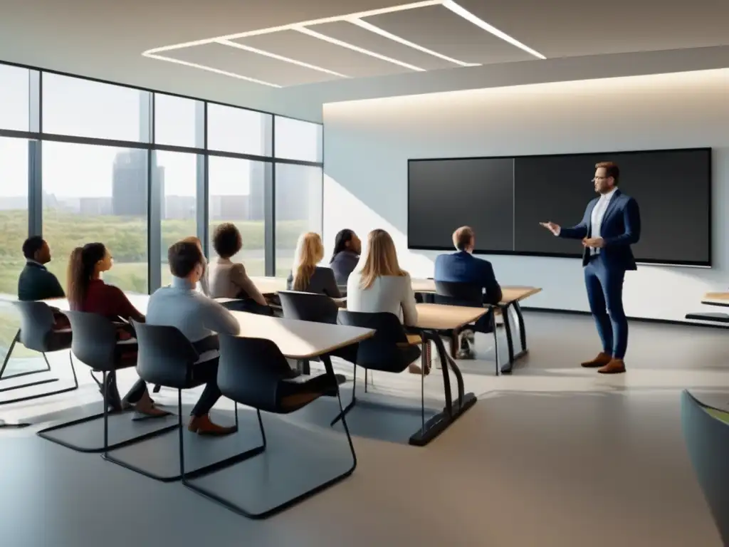Aula moderna con clase de inversiones Clase inversionistas: Cursos de inversión en bolsa, ambiente moderno con profesionales atentos y gráficos ilustrativos