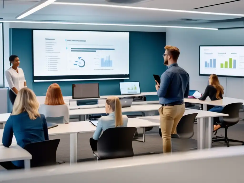 Aula moderna con tecnología avanzada Clase moderna de inversión en bolsa con tecnología avanzada