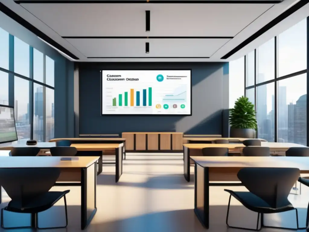 Aula moderna y espaciosa con tecnología avanzada Clase moderna con diseño elegante y motivacional, equipada con tecnología avanzada y perfecta para cursos de análisis fundamental para inversiones