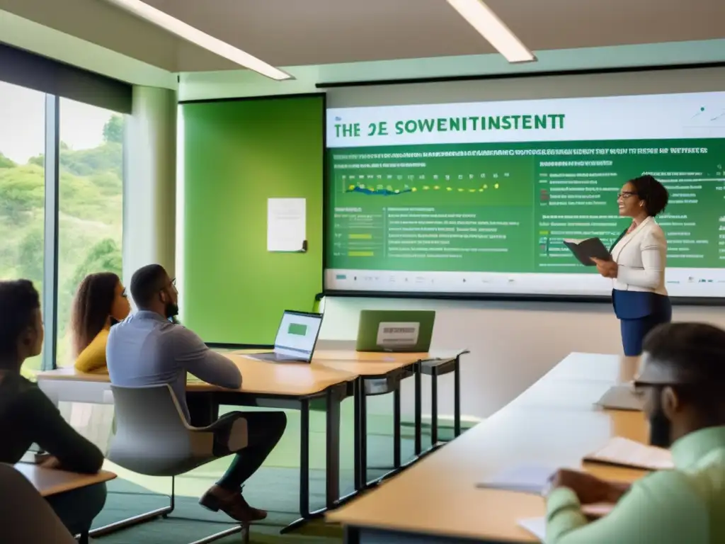 Aula moderna con vista panorámica Clase moderna de inversión a largo plazo: instructor, alumnos diversos, ambiente vibrante