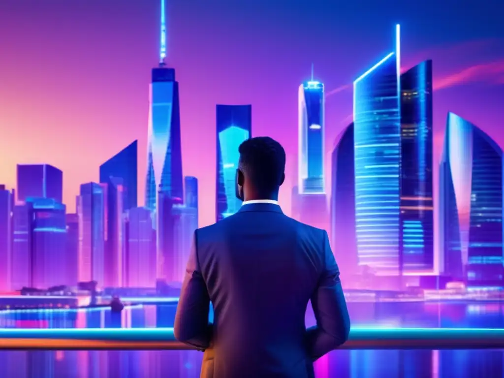 Ciudad financiera futurista al atardecer Cobertura de riesgo con derivados en inversiones: Finanzas futuristas con rascacielos, pantallas digitales y empresario seguro con tablet
