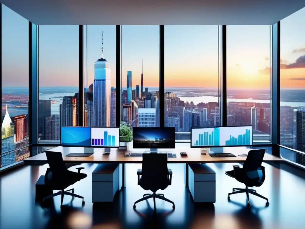 Oficina moderna con vista panorámica al distrito financiero Cobertura de riesgo con derivados en inversiones en moderna oficina financiera