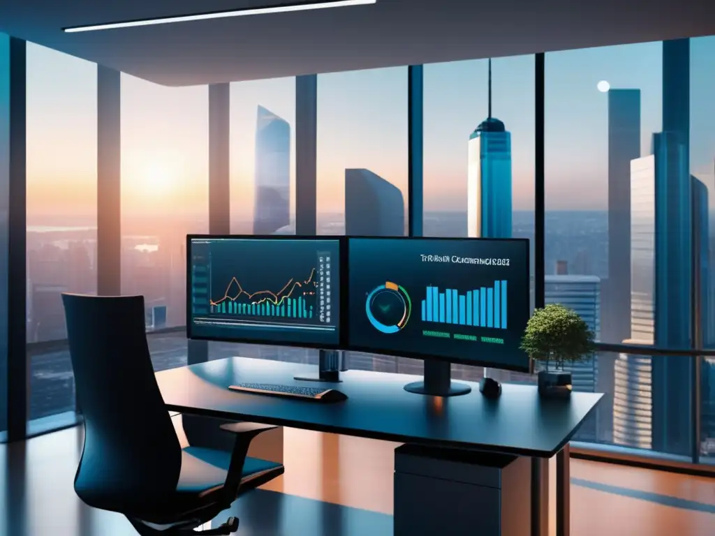 Oficina financiera moderna con vista panorámica Cobertura de riesgo con derivados en inversiones en una oficina moderna y dinámica