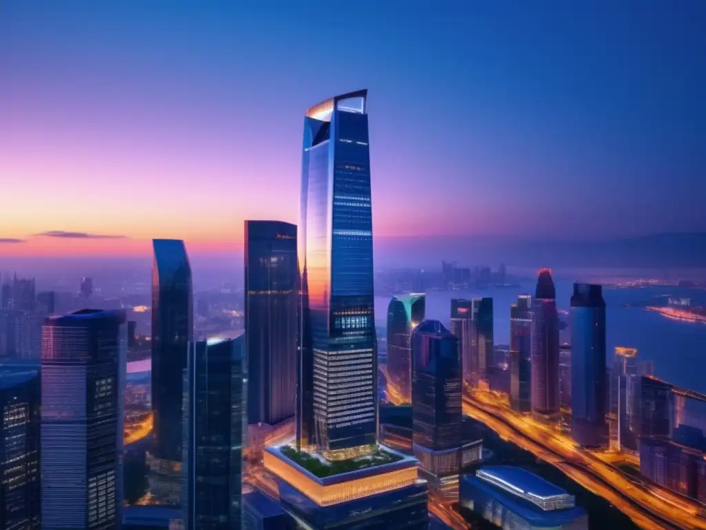 Rascacielos financiero al atardecer Cobertura riesgos derivados inversiones: moderno rascacielos financiero reflejando ciudad vibrante y rápida actividad