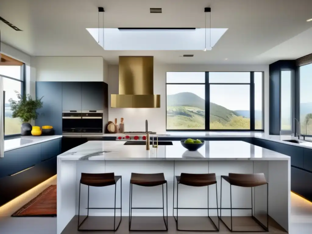Cocina moderna y elegante con luz natural Cocina moderna y elegante con gabinetes blancos, encimera de mármol y electrodomésticos de última generación