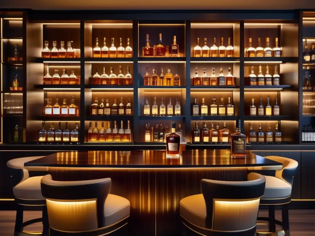 Colección de whisky de lujo en bar moderno Una colección de whisky de lujo en un bar moderno de madera oscura iluminado, ideal para invertir en whisky: consejos expertos