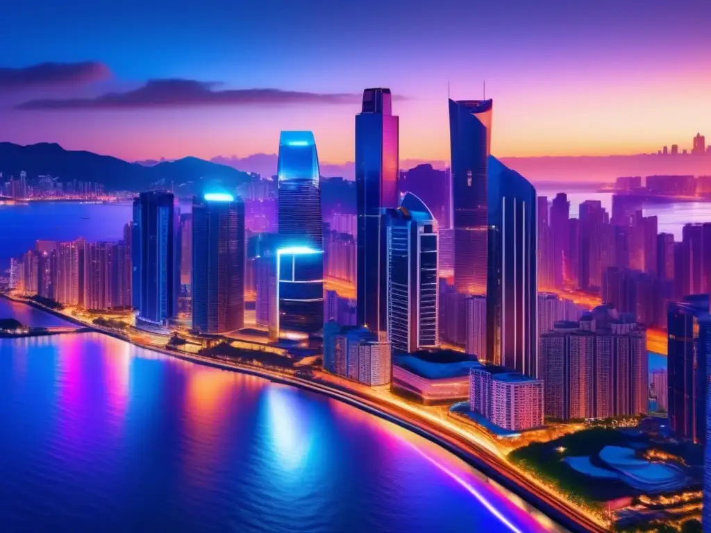 Ciudad moderna y tradicional Comparativa Airbnb vs Alquiler Tradicional: Ciudad moderna al atardecer, con rascacielos iluminados y una costa hermosa
