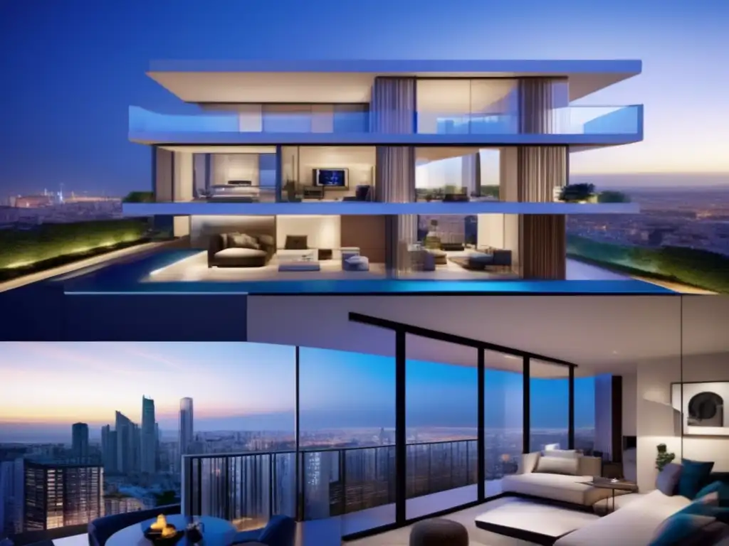 Apartamento lujoso vs Comparativa apartamentos vs casas: imagen impactante de lujo urbano y tranquilidad suburbana con vistas y jardín (110)