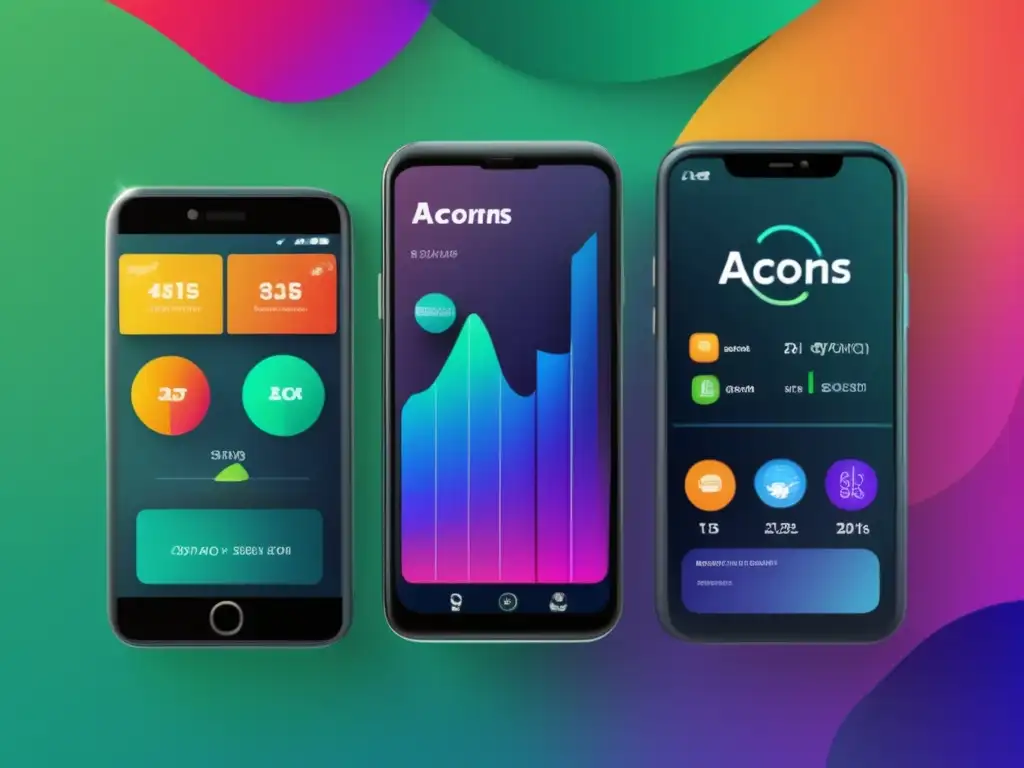 Dos smartphones modernos mostrando aplicaciones de inversión Stash y Acorns Comparativa de apps de inversión: moderna imagen con dos smartphones mostrando logos de Stash y Acorns, gráficos dinámicos y diseño futurista
