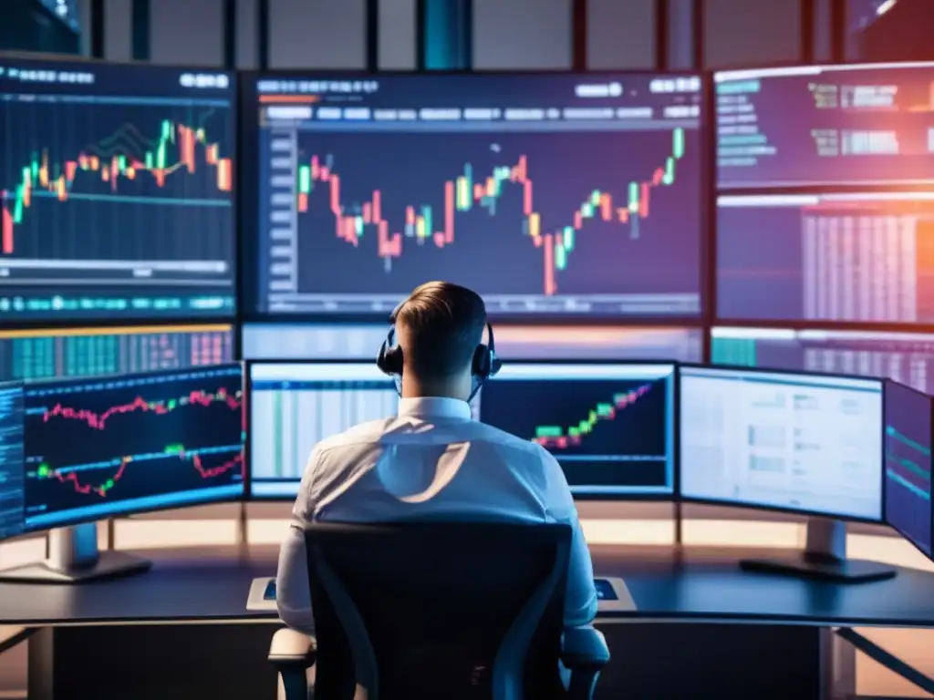 Traders profesionales en moderno escritorio Comparativa de brokers online: Traders profesionales analizando el mercado en una moderna sala de operaciones con vista panorámica a la ciudad