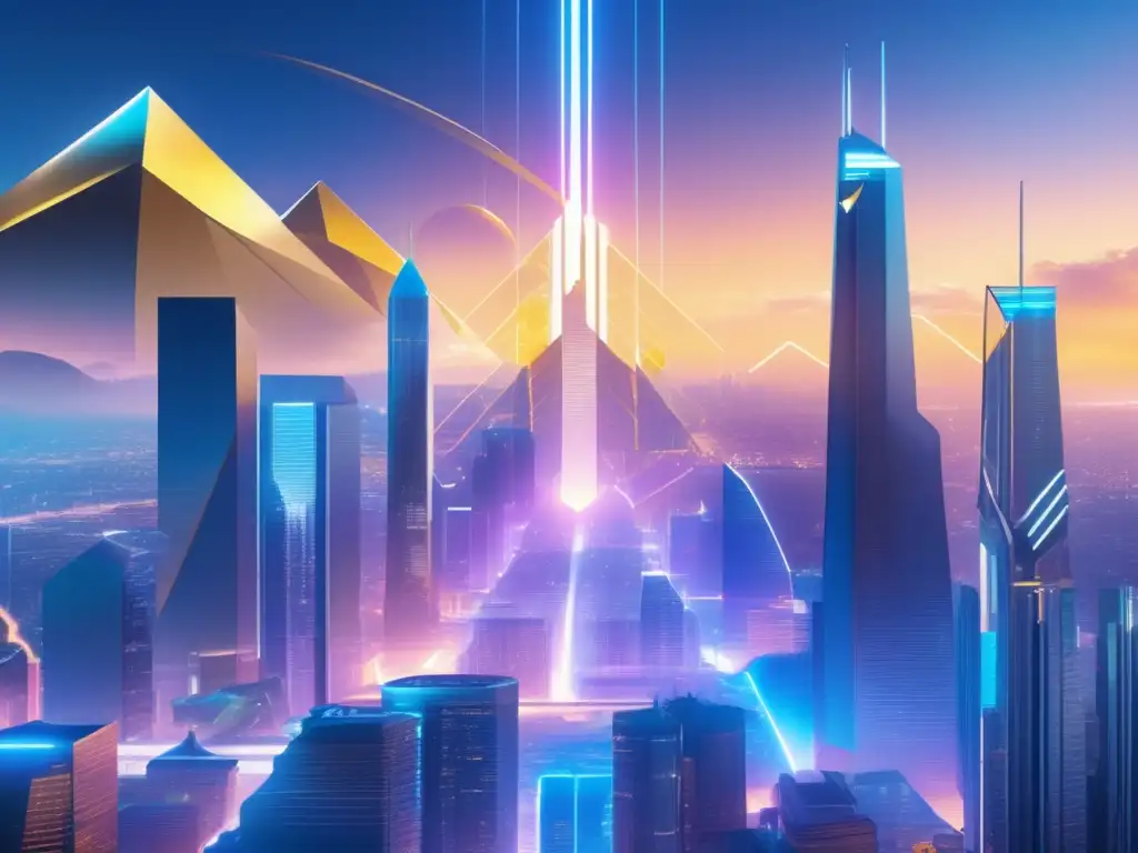 Futurístico paisaje digital con Coinbase y Binance Comparativa Coinbase vs Binance: Futurista paisaje digital con rascacielos representando las plataformas líderes en criptomonedas