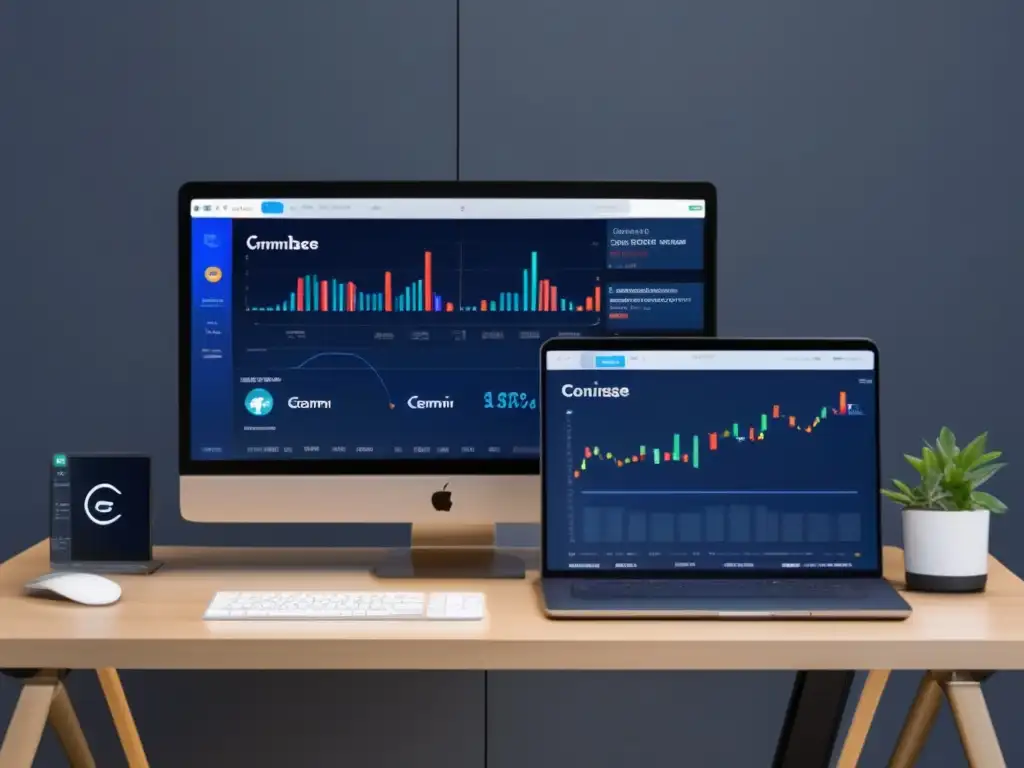 Batalla de Gemini y Coinbase Pro en el mundo de las criptomonedas Comparativa Gemini vs Coinbase Pro trading criptomonedas: dos pantallas de ordenador con logos, gráficos y datos de mercado en un espacio minimalista