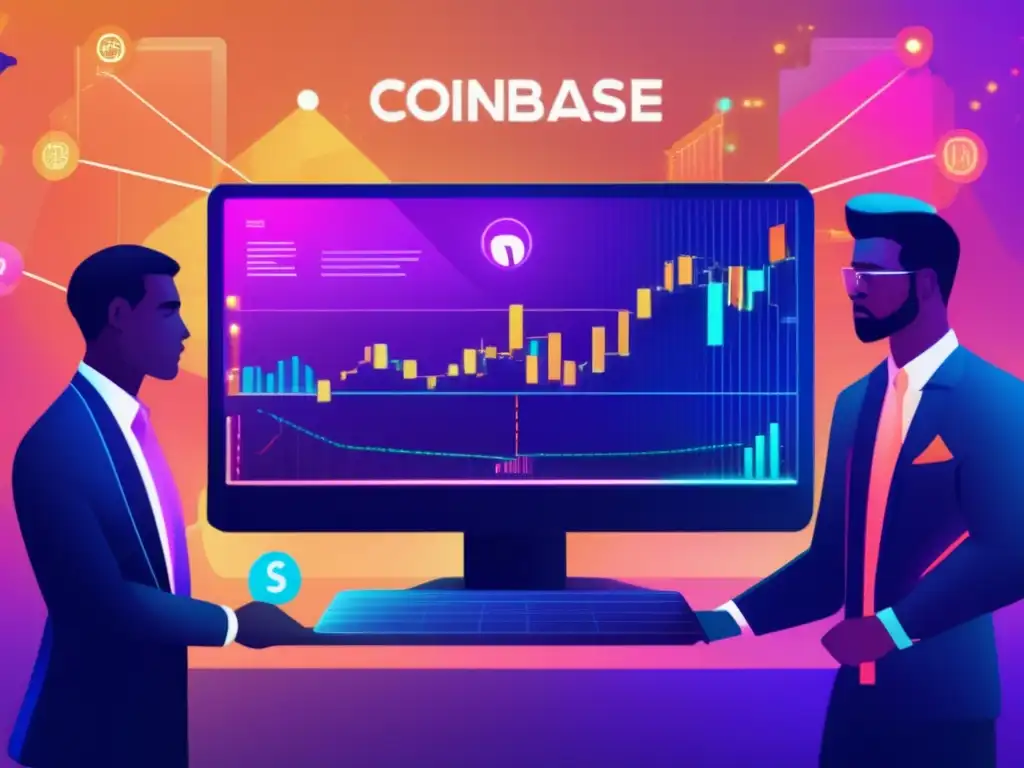 Plataforma de trading futurista: Gemini vs Coinbase Pro Comparativa Gemini vs Coinbase Pro trading criptomonedas: plataforma futurista, gráficos brillantes, iconos vibrantes, seguridad y tecnología avanzada