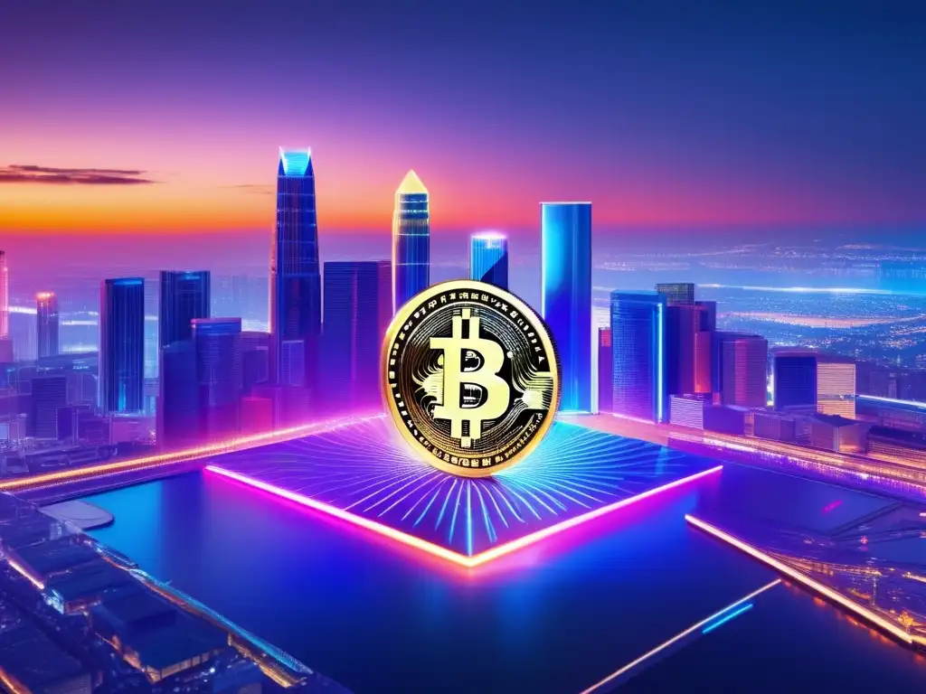 Contraste entre criptomonedas y metales preciosos Comparativa criptodivisas vs metales preciosos en imagen de ciudad futurista con blockchain y oro reluciente
