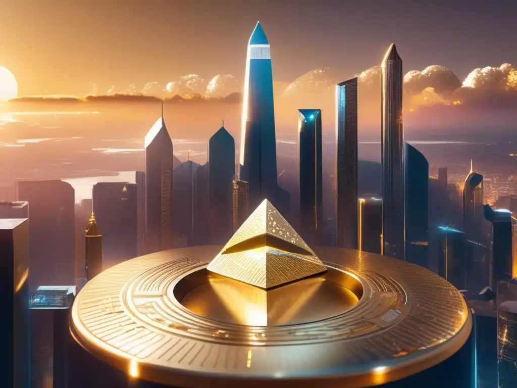Ciudad futurista con criptomonedas Comparativa criptodivisas vs metales preciosos en ciudad futurista con rascacielos y símbolos holográficos