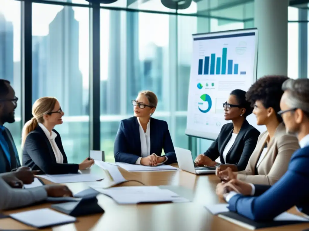 Profesionales discuten estándares de sostenibilidad Comparativa de estándares sostenibilidad inversionistas: profesionales colaborando en mesa de conferencia, rodeados de gráficos y reportes