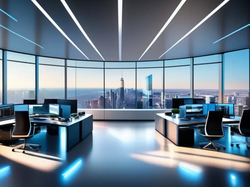 Sala de operaciones moderna con vista panorámica de la ciudad Comparativa E*TRADE vs TD Ameritrade: Elegante piso de operaciones con vista panorámica de la ciudad, profesionales en trajes analizando datos en pantallas de alta tecnología