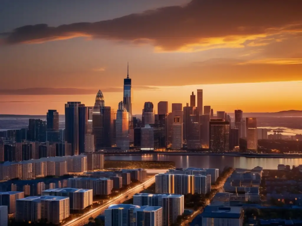 Contraste de inversiones: apartamentos vs casas Comparativa de inversiones inmobiliarias: Ciudad en atardecer, rascacielos, hogares lujosos y apartamentos contemporáneos