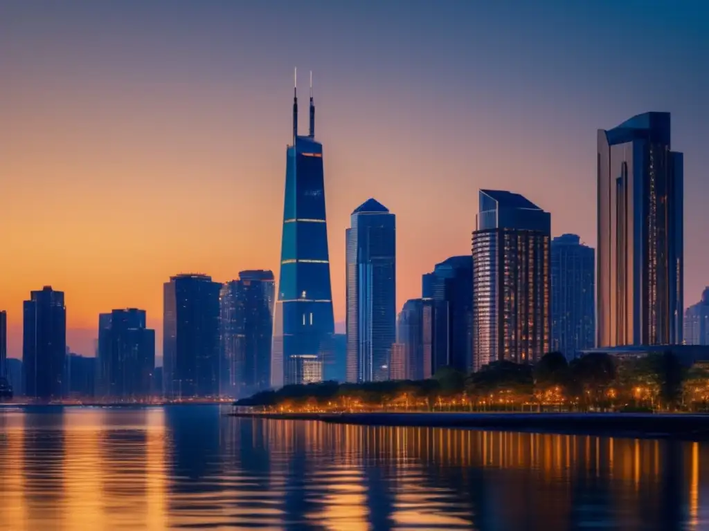 Vista panorámica de ciudad moderna al atardecer Comparativa de inversiones inmobiliarias: Ciudad moderna al atardecer con edificios altos y casas encantadoras rodeadas de vegetación