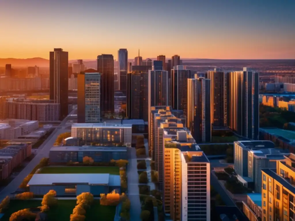Ciudad moderna: apartamentos y casas suburbanas Comparativa de inversiones inmobiliarias: Moderna ciudad al atardecer con rascacielos y casas suburbanas