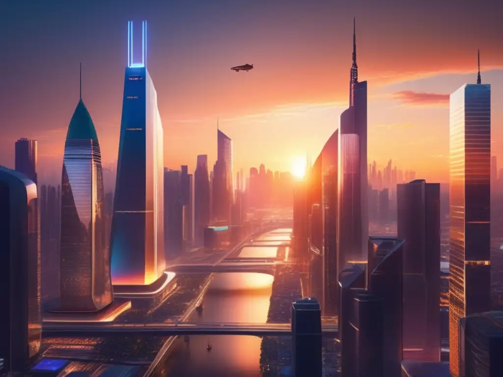 Futurista ciudad con rascacielos al atardecer Comparativa Coinmama vs LocalBitcoins: Mejor plataforma para comprar Bitcoin en un mundo futurista de alta tecnología