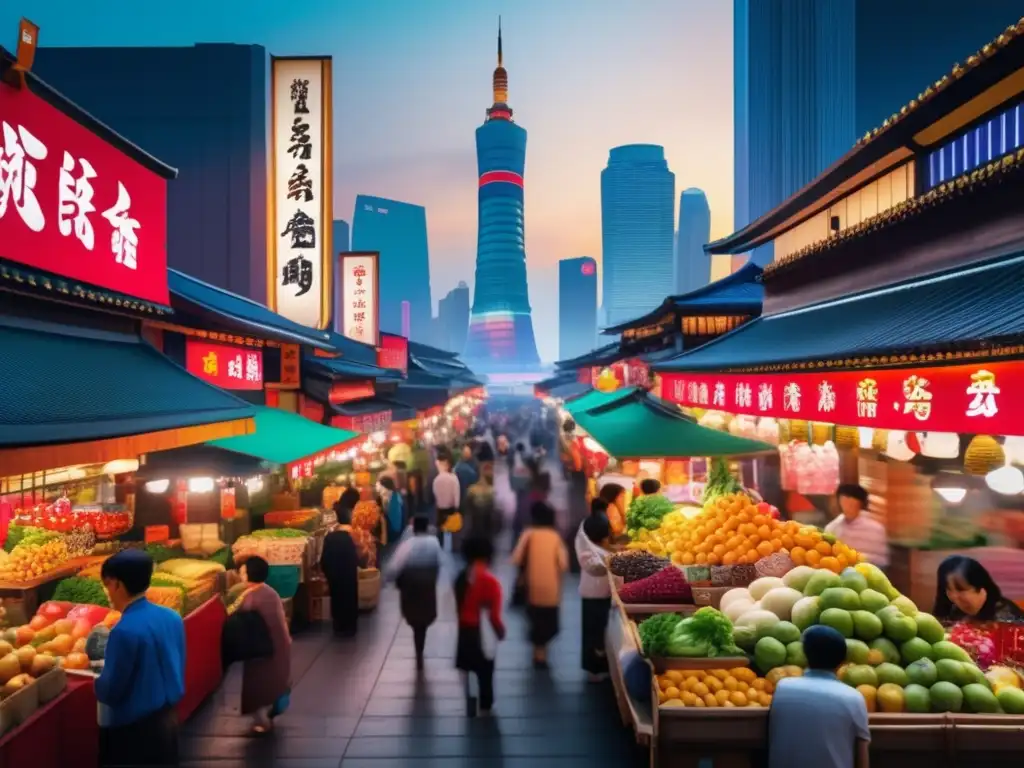 Mercado asiático vibrante Comparativa mercados Japón China - Escena vibrante de un concurrido mercado asiático con puestos de colores y multitudes