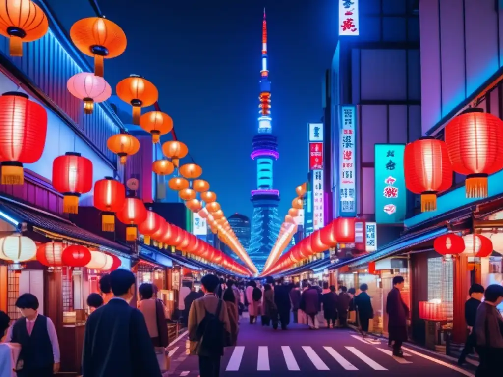 Callejón tradicional y futurista en Tokio Comparativa mercados Japón China: Calle bulliciosa en Tokyo y Shanghai, fusionando tradición y modernidad