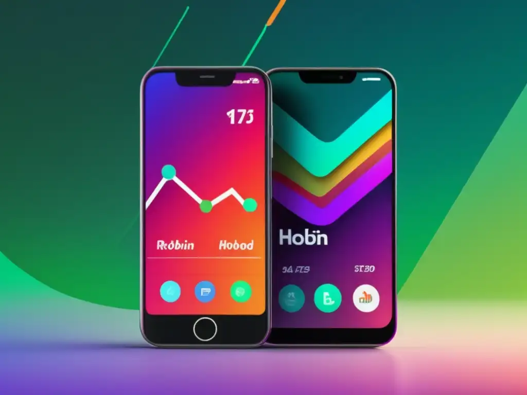 Smartphones con gráficos dinámicos de Public Comparativa de plataformas de inversión para millennials con smartphones mostrando gráficos y logos de Public