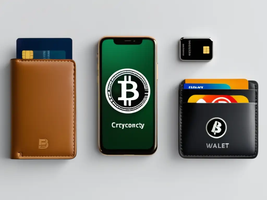 Tres modernas carteras de criptomonedas Comparativa plataformas wallets cripto: Tres modernas y elegantes carteras de criptomonedas, mostrando su diversidad y accesibilidad
