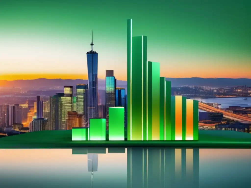 Comparación rentabilidad bonos verdes vs Comparativa rentabilidad bonos verdes: gráfica impactante con edificios reflectantes y barras detalladas en verde y azul (110 caracteres)