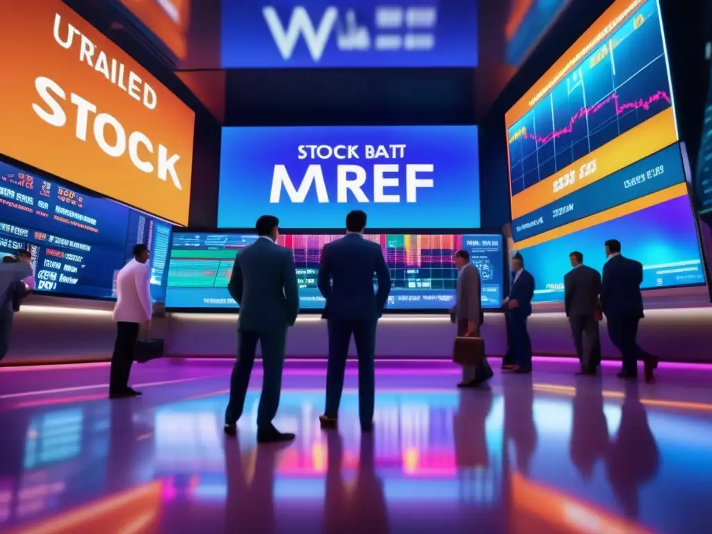 Energía y profesionalismo del mercado de valores Comparativa Robinhood eToro: Piso vibrante de la bolsa, traders emocionados, tecnología avanzada y ambiente profesional