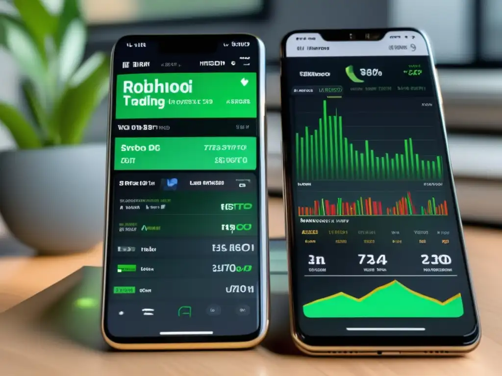Comparación Robinhood vs eToro en smartphone Comparativa Robinhood eToro: smartphone moderno con pantalla dividida, gráficos de acciones y comunidad de inversores