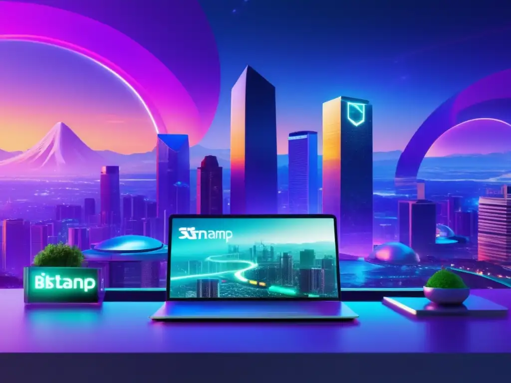 Paisaje digital futurista con marcas Kraken y Bitstamp Comparativa seguridad Kraken Bitstamp cripto - Paisaje digital futurista con elementos de marca Kraken y Bitstamp