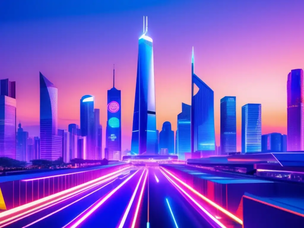 Futuro de las altcoins: una ciudad vibrante y competidora Competencia Altcoins vs Bitcoin en ciudad futurista