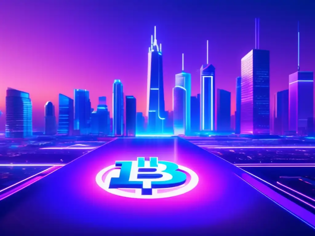 Futurista ciudad con rascacielos y mercado Altcoin Competencia Altcoins vs Bitcoin: Futurista ciudad con rascacielos, mercado de Altcoin y símbolos flotantes