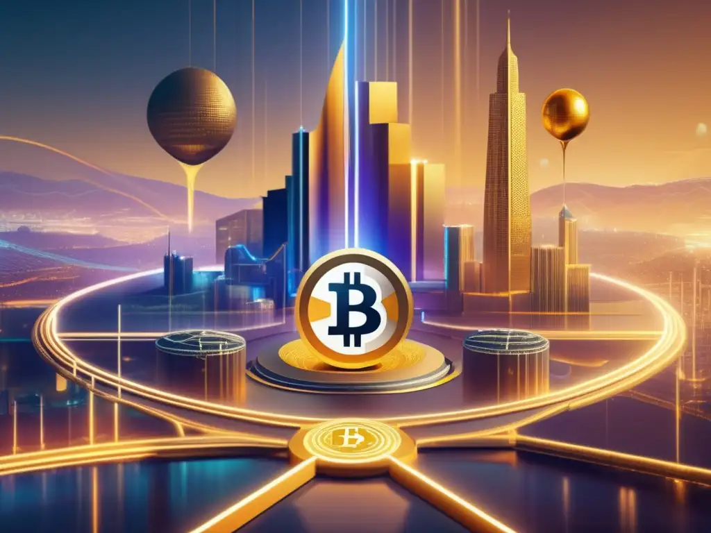 Futuro paisaje digital: Bitcoin vs Altcoins Competencia Altcoins vs Bitcoin: paisaje futurista con estructuras destacadas y conexiones interconectadas