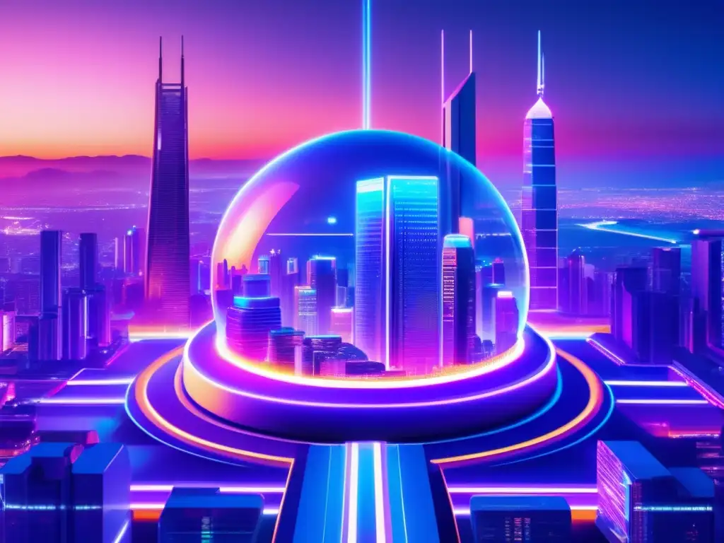 Futuro ciudad blockchain impresionante Competencia blockchain criptomonedas y ciudad futurista con rascacielos iluminados por luces neón, profesionales innovadores discutiendo soluciones