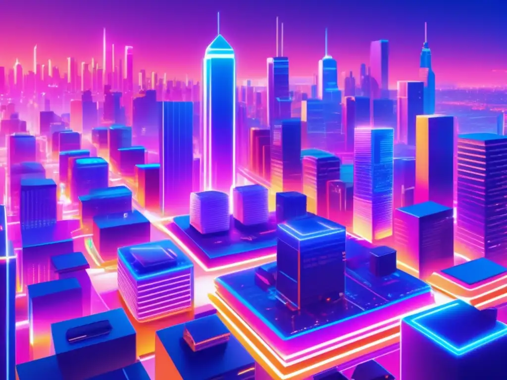 Futuro de la ciudad con rascacielos blockchain Competencia blockchain criptomonedas en futurista ciudad con rascacielos blockchain y personas discutiendo