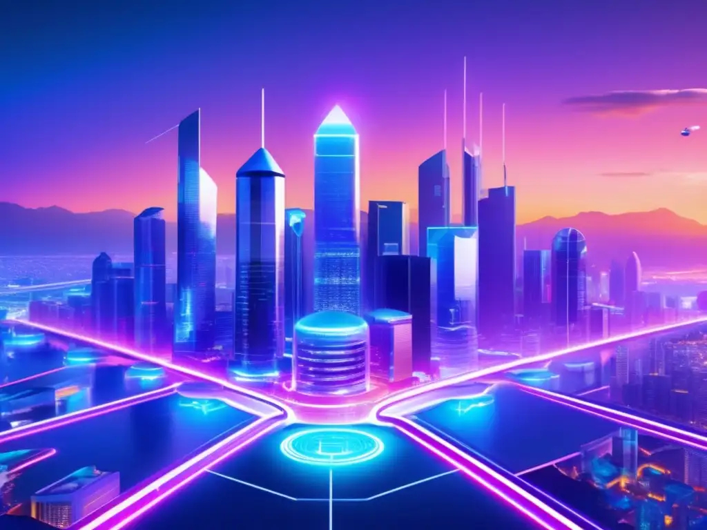 Ciudad virtual futurista en blockchain Competencia blockchain criptomonedas: Ciudad futurista en blockchain, símbolo de transparencia y dinamismo