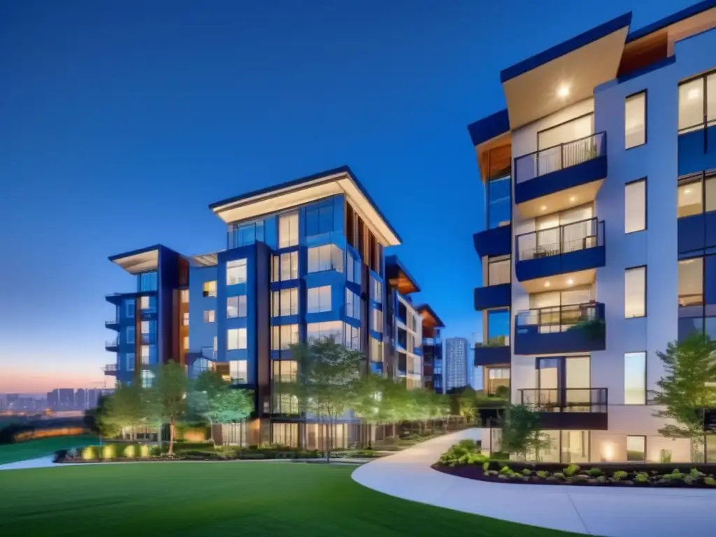 Complejo de apartamentos moderno al atardecer Un complejo de apartamentos moderno y elegante en una vibrante ciudad