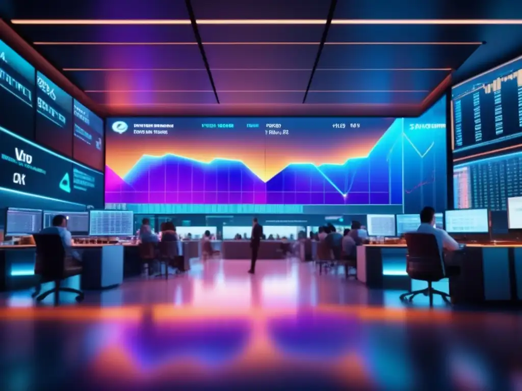 Escena futurista y vibrante del mercado de valores Guía completa mercado de valores: Futuro trading floor con tecnología avanzada y traders animados en una escena impresionante