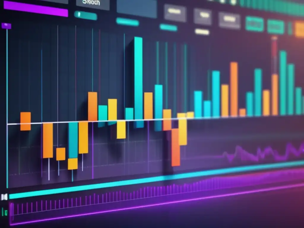 Gráfico bursátil detallado y vibrante Guía completa mercado de valores: pantalla de gráfica bursátil con líneas, datos y colores vibrantes