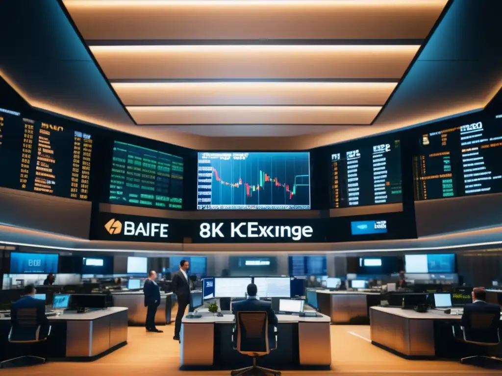 Piso de bolsa con traders en acción Guía completa mercado de valores en vibrante imagen de la bolsa de valores en 8k, con luz natural, traders y tecnología