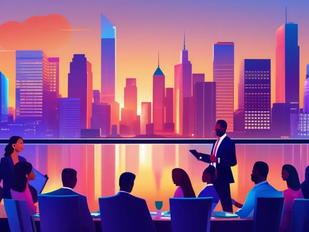 Skyline financiero al atardecer con profesionales discutiendo Guía completa para principiantes en inversiones en Wall Street