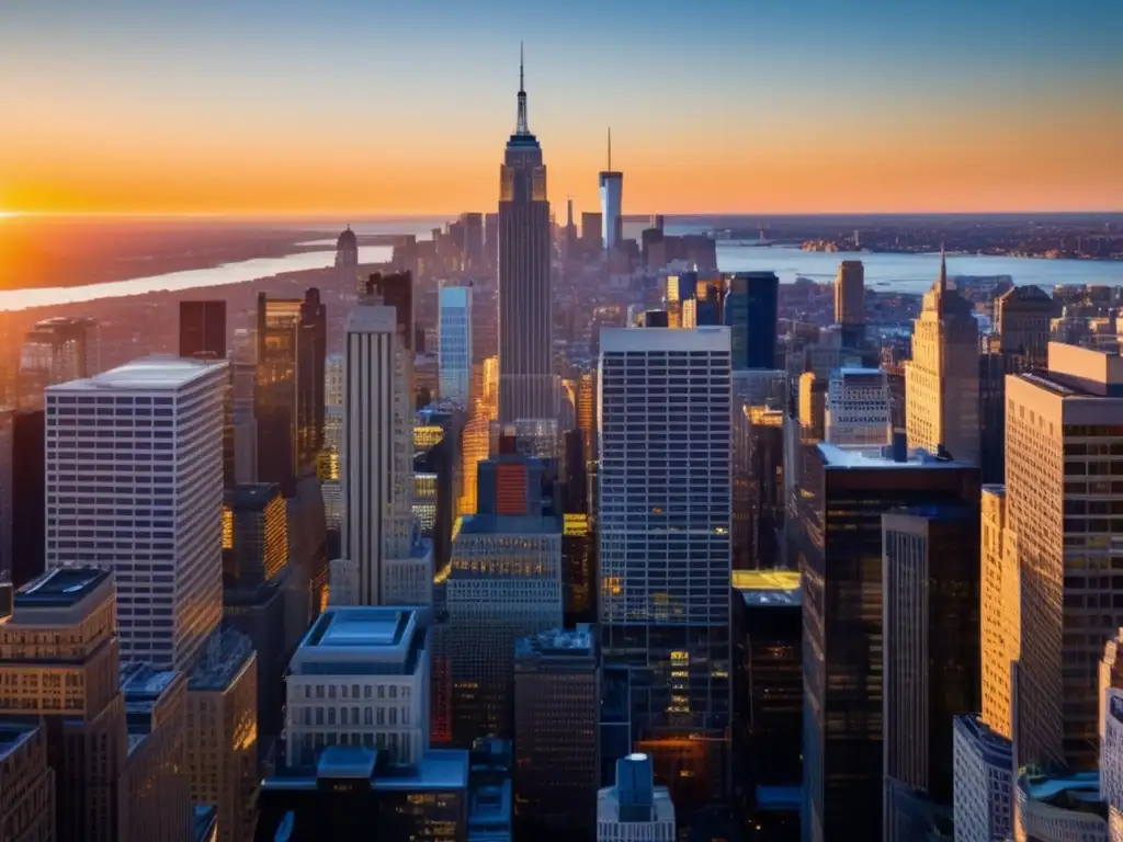 Moderna ciudad financiera al atardecer Guía completa para principiantes en inversiones en Wall Street: ciudad moderna, rascacielos iluminados al atardecer, energía financiera