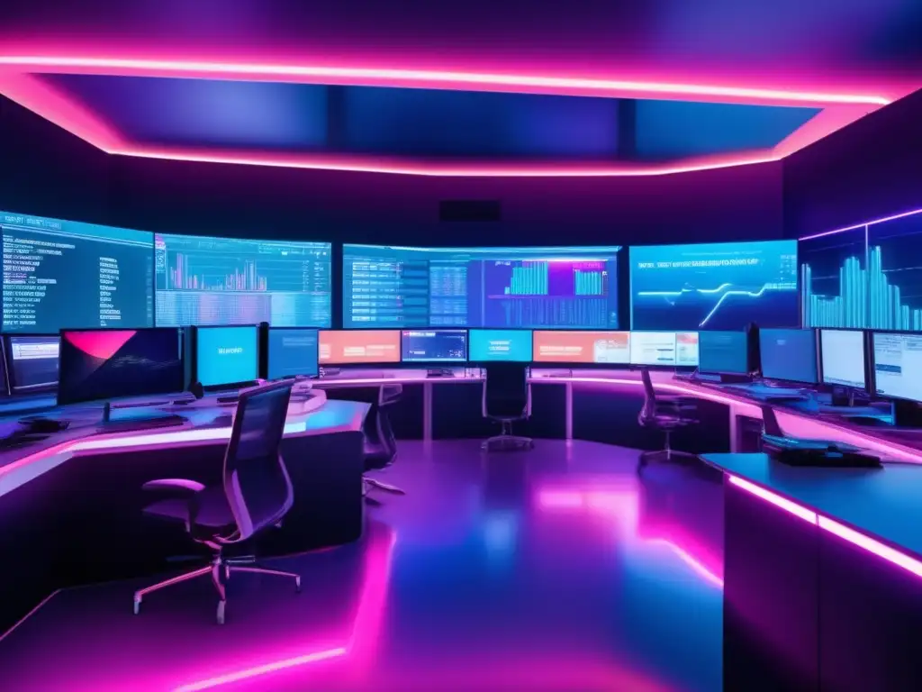 Futuro trading floor con traders intensos Predicción comportamiento mercado en trading floor futurista